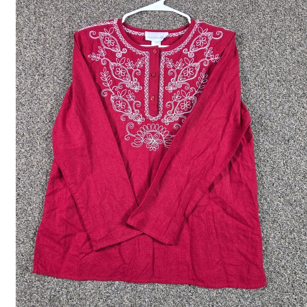 Susan‎ Graver Tunic Top Womens Medium Red Linen Blend Embroidered Henley A46243
